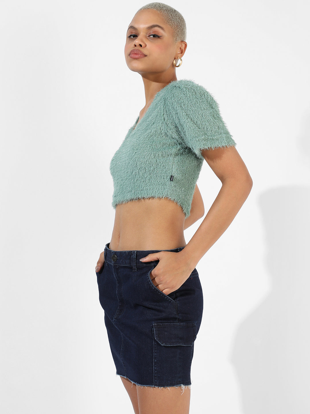 Women Green Teddy Crop Top