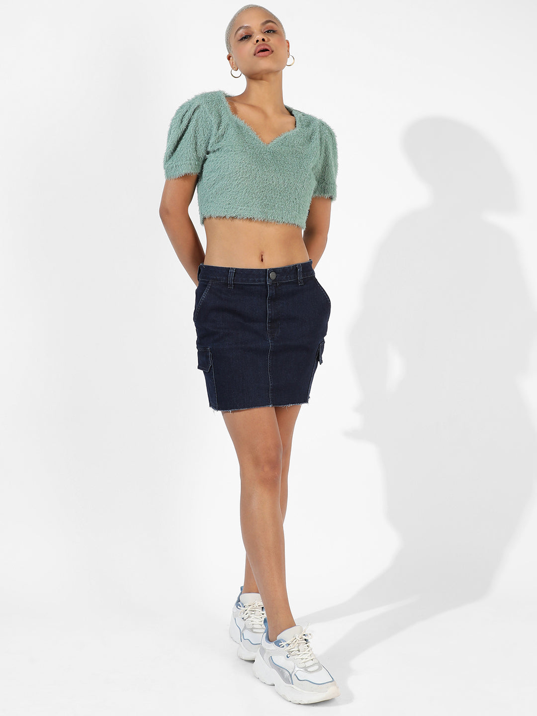 Women Green Teddy Crop Top