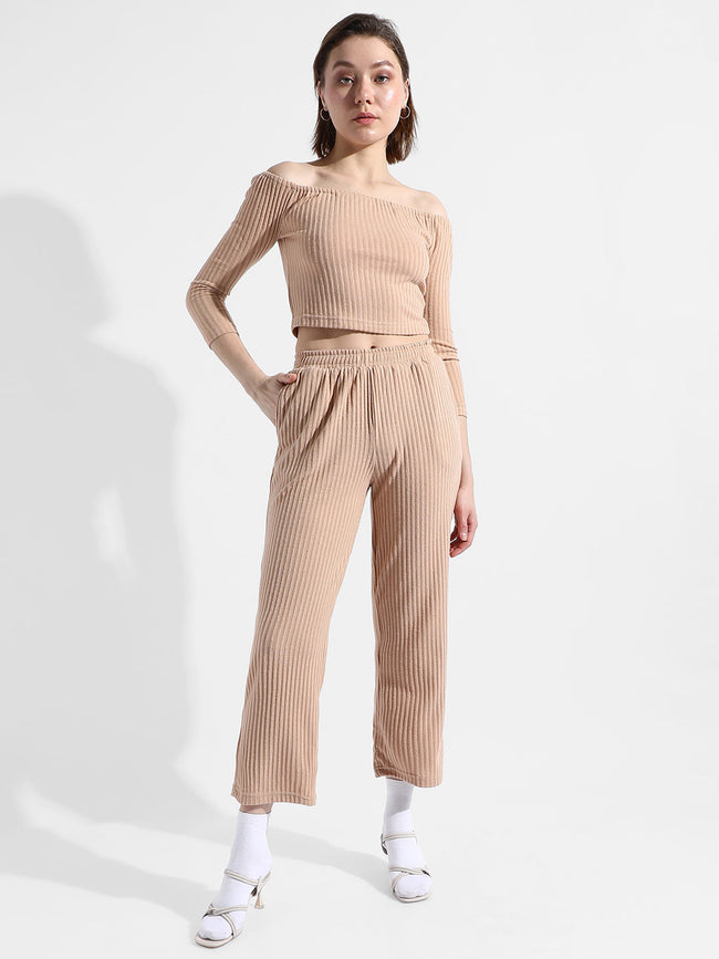Women Beige Ribbed Co-Ord Set