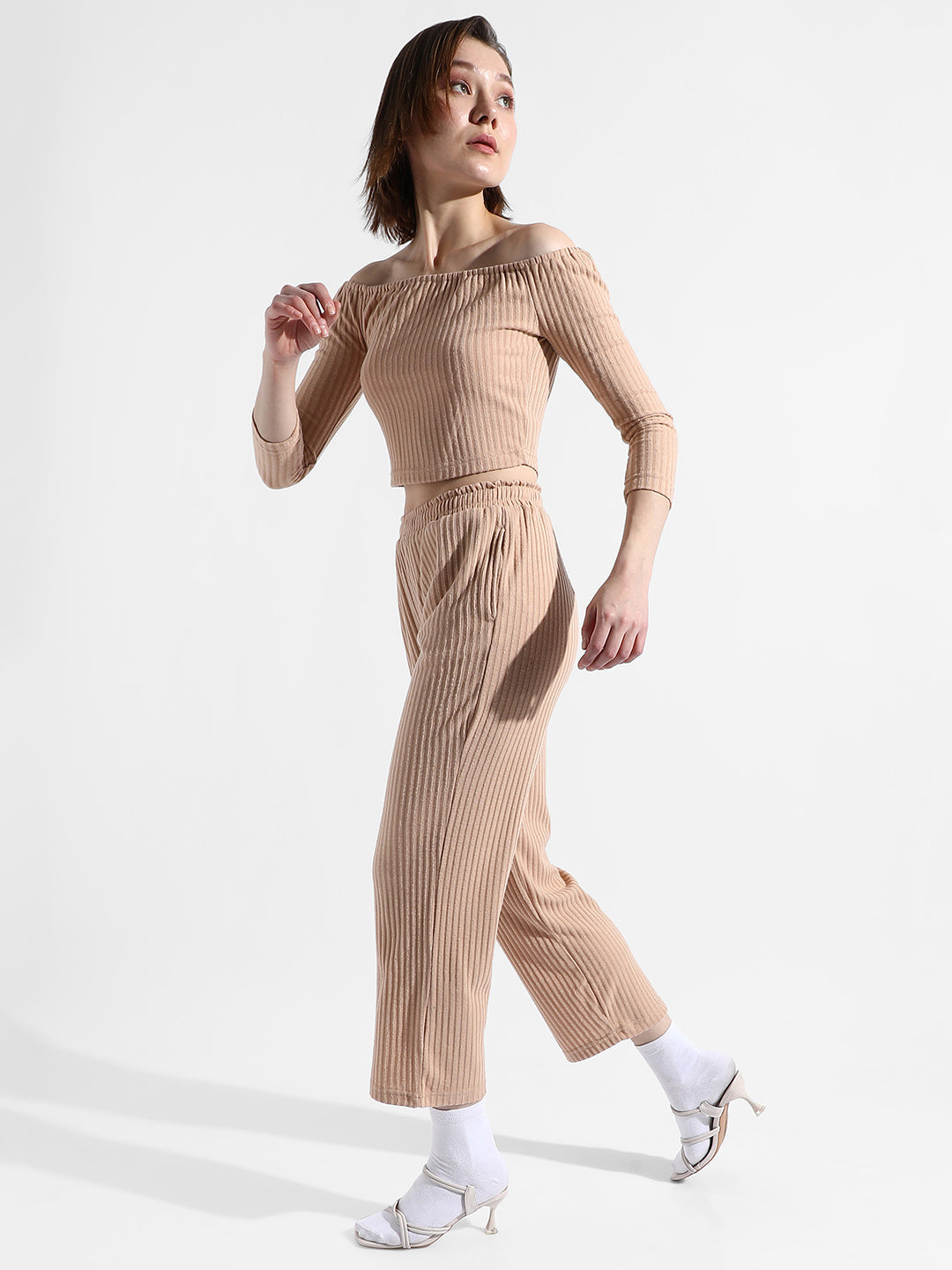 Women Beige Ribbed Co-Ord Set