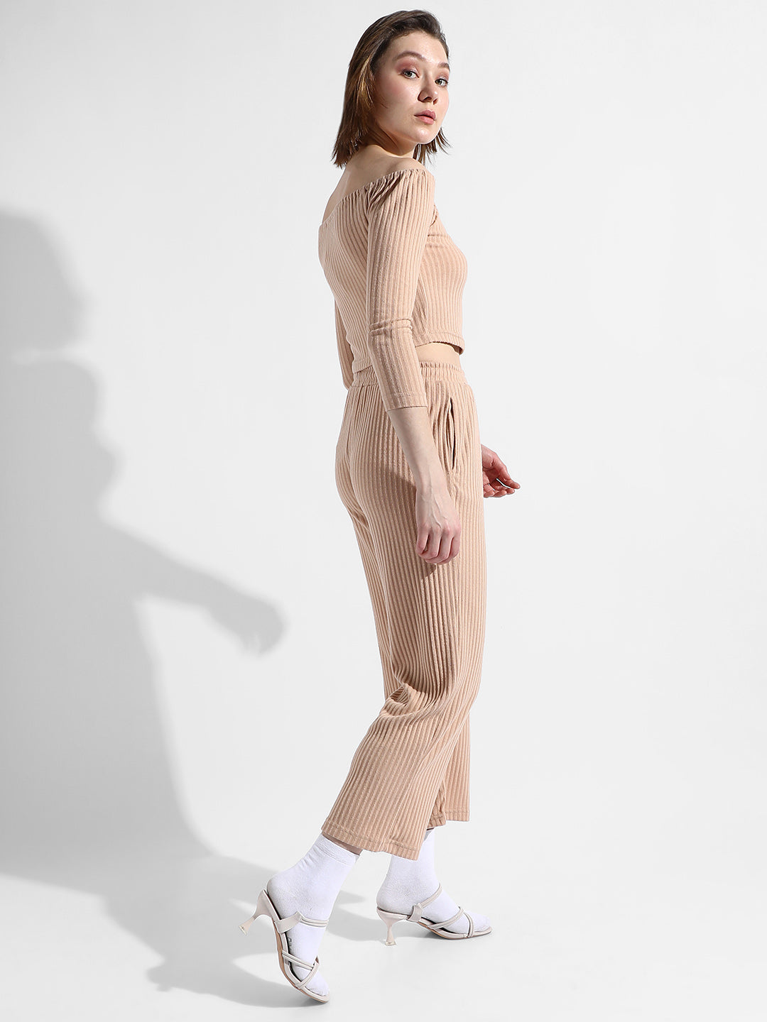 Women Beige Ribbed Co-Ord Set
