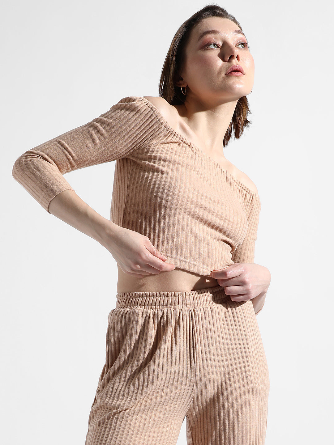 Women Beige Ribbed Co-Ord Set
