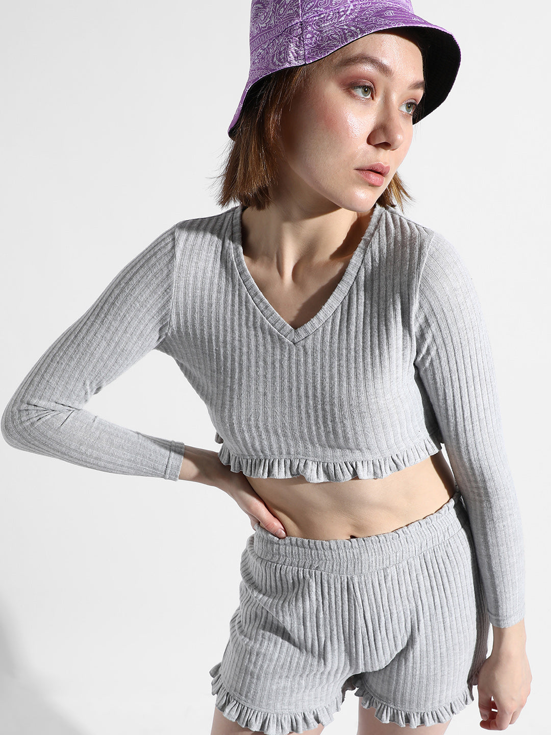 Women Grey Ribbed Co-Ord Set