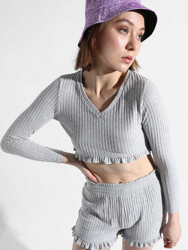 Women Grey Ribbed Co-Ord Set