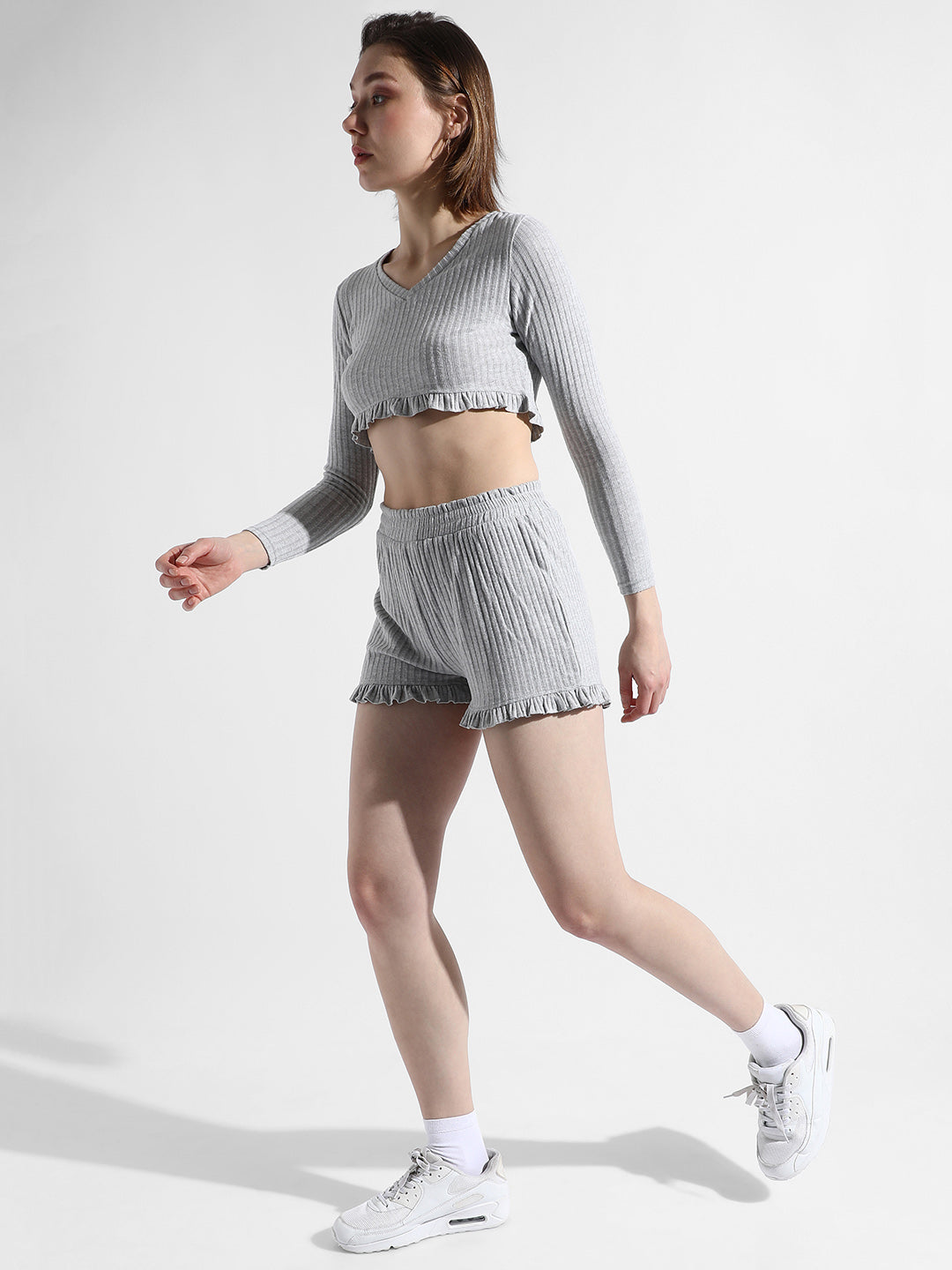 Women Grey Ribbed Co-Ord Set