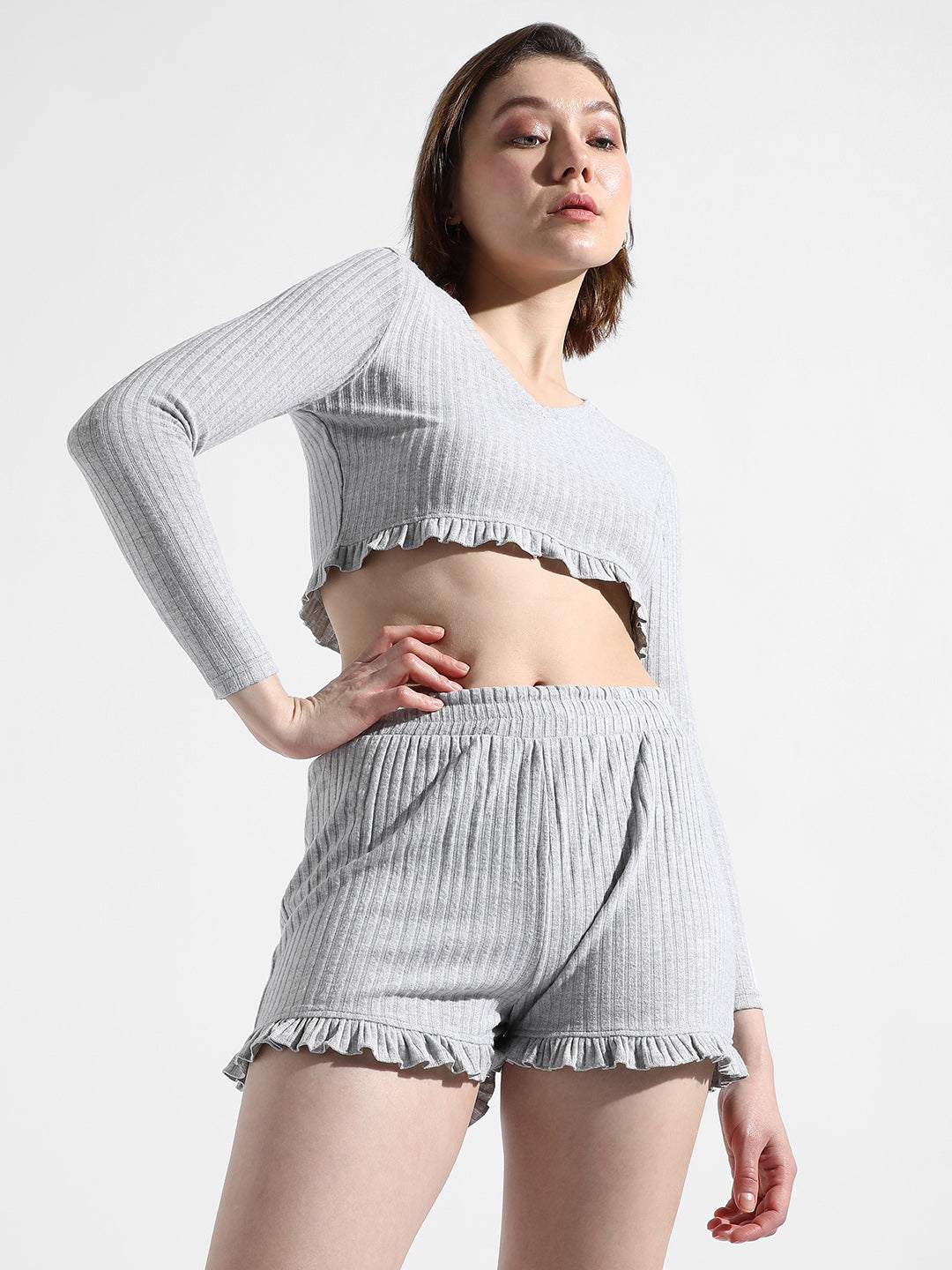 Women Grey Ribbed Co-Ord Set