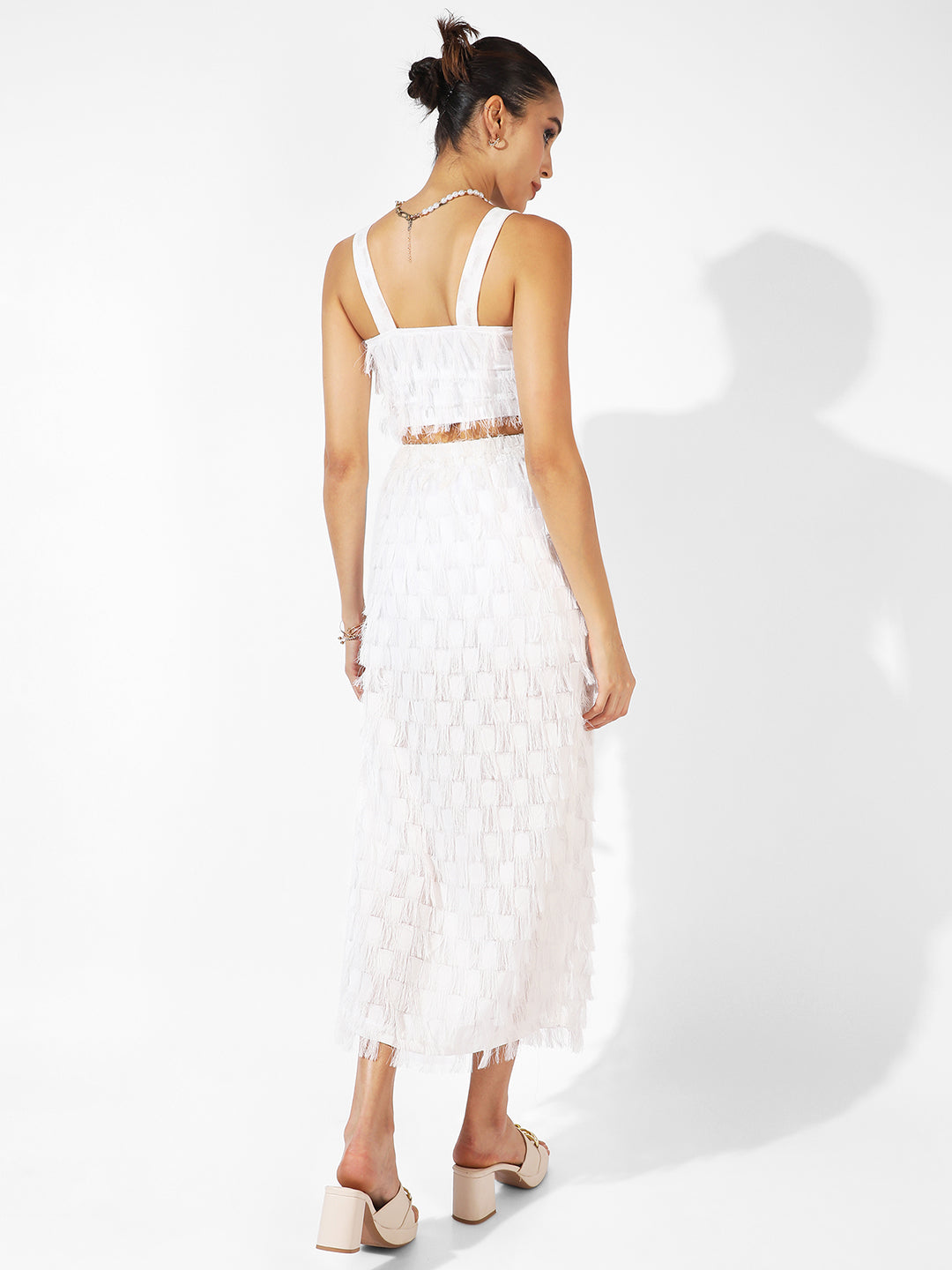 Women White Fringe Co-Ord Set With Slit
