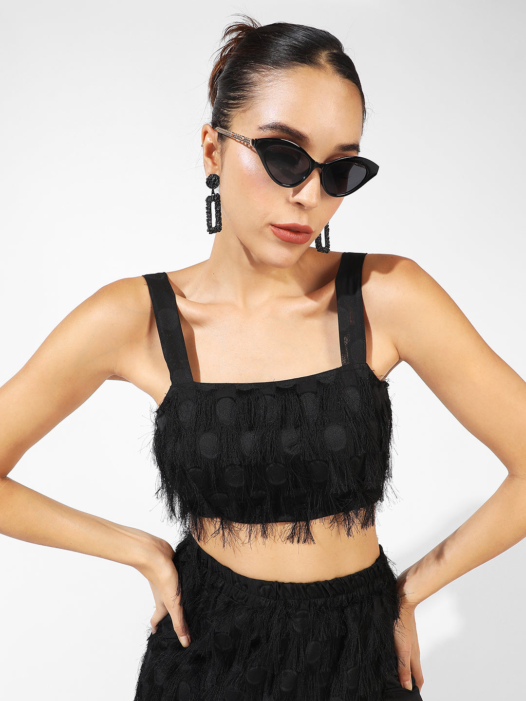 Women Black Fringe Co-Ord Set With Slit