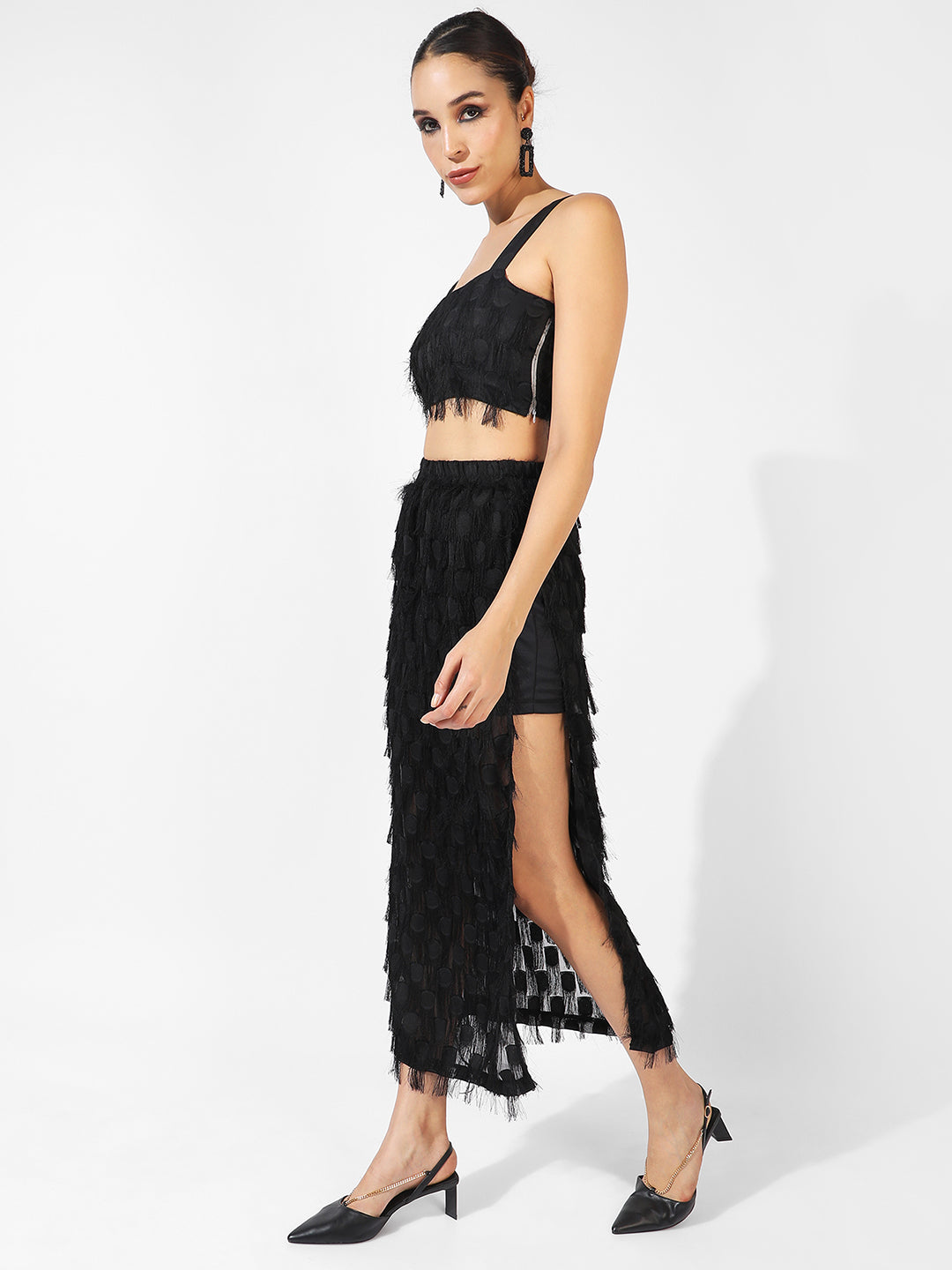 Women Black Fringe Co-Ord Set With Slit