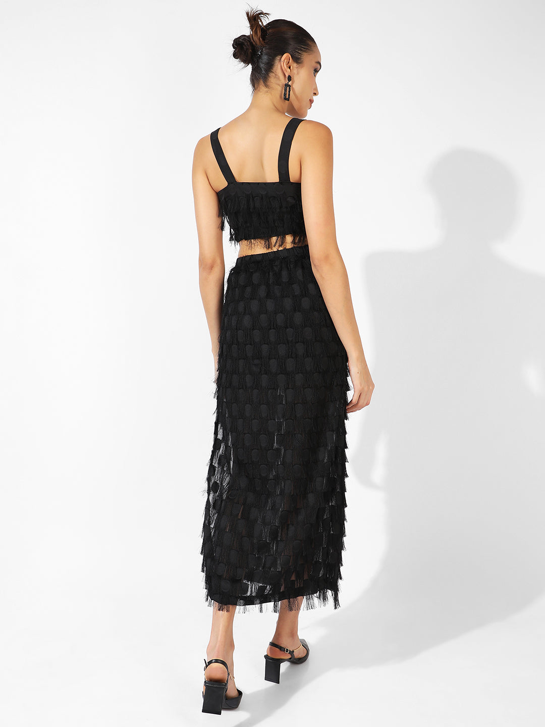 Women Black Fringe Co-Ord Set With Slit