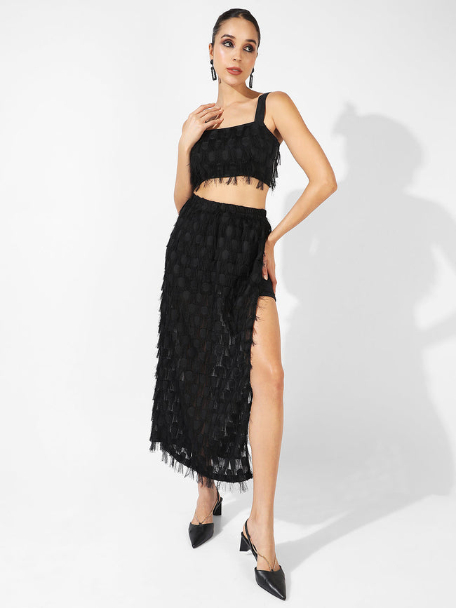 Women Black Fringe Co-Ord Set With Slit