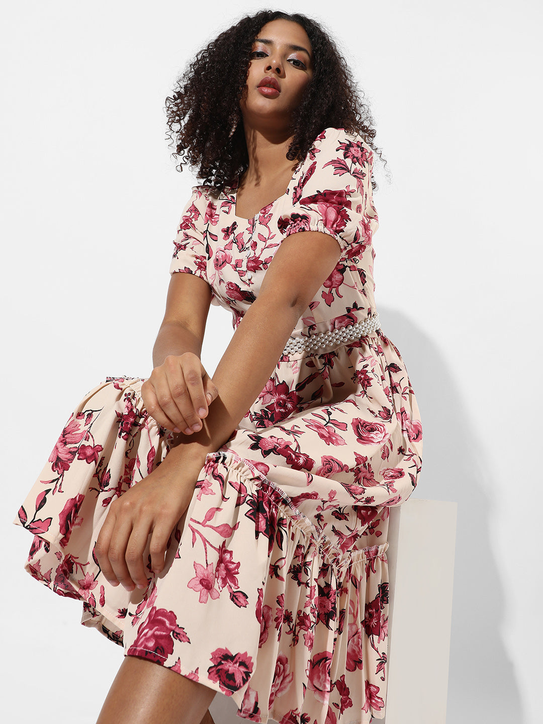 Women Red Ruffle Floral Dress