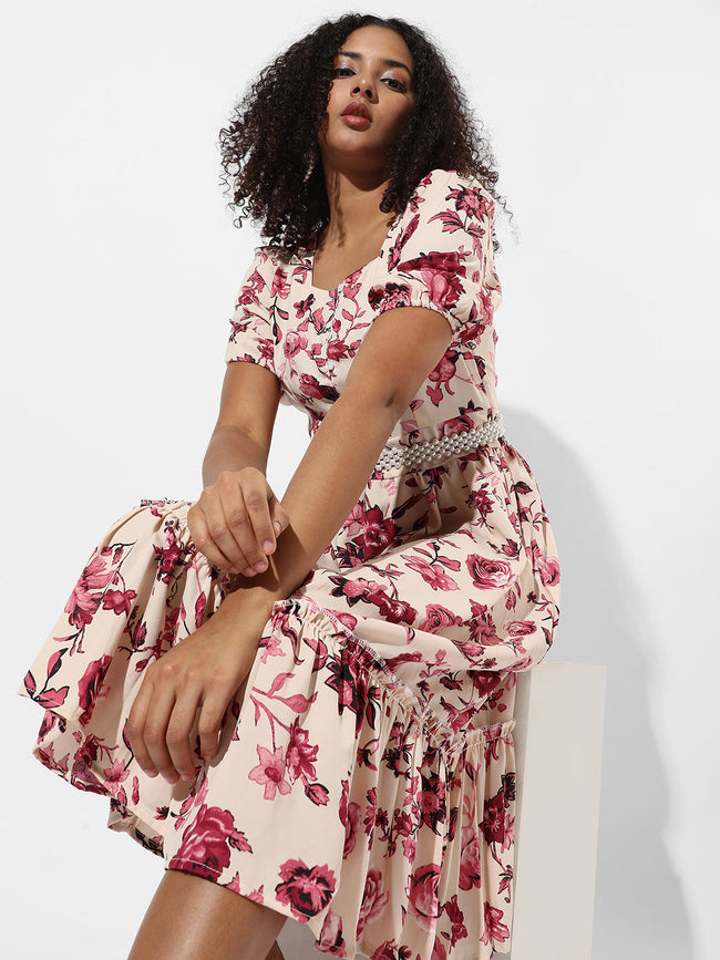Women Red Ruffle Floral Dress