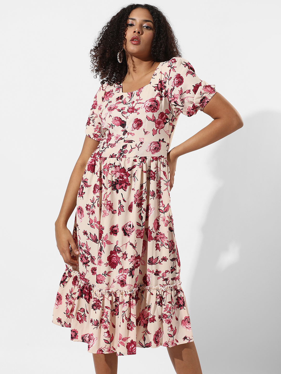Women Red Ruffle Floral Dress