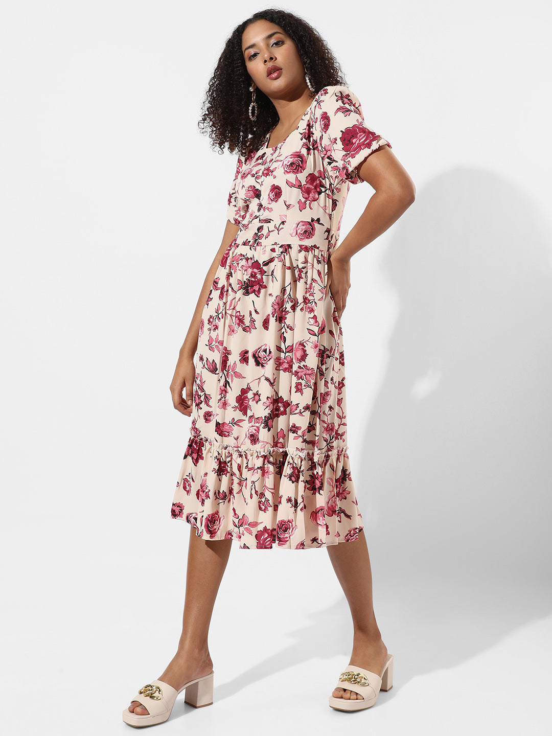 Women Red Ruffle Floral Dress