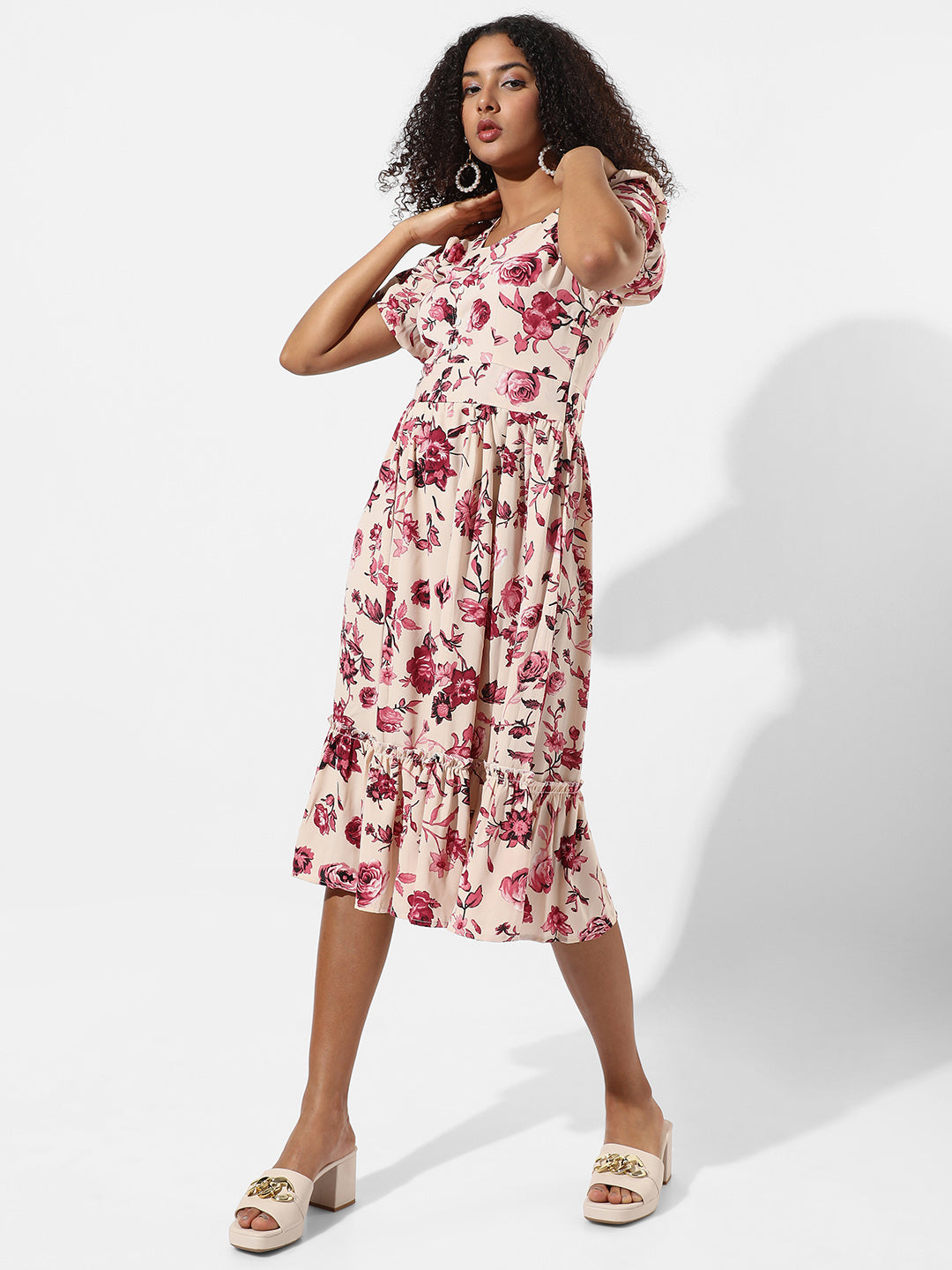 Women Red Ruffle Floral Dress