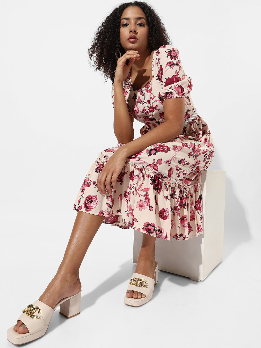Women Red Ruffle Floral Dress