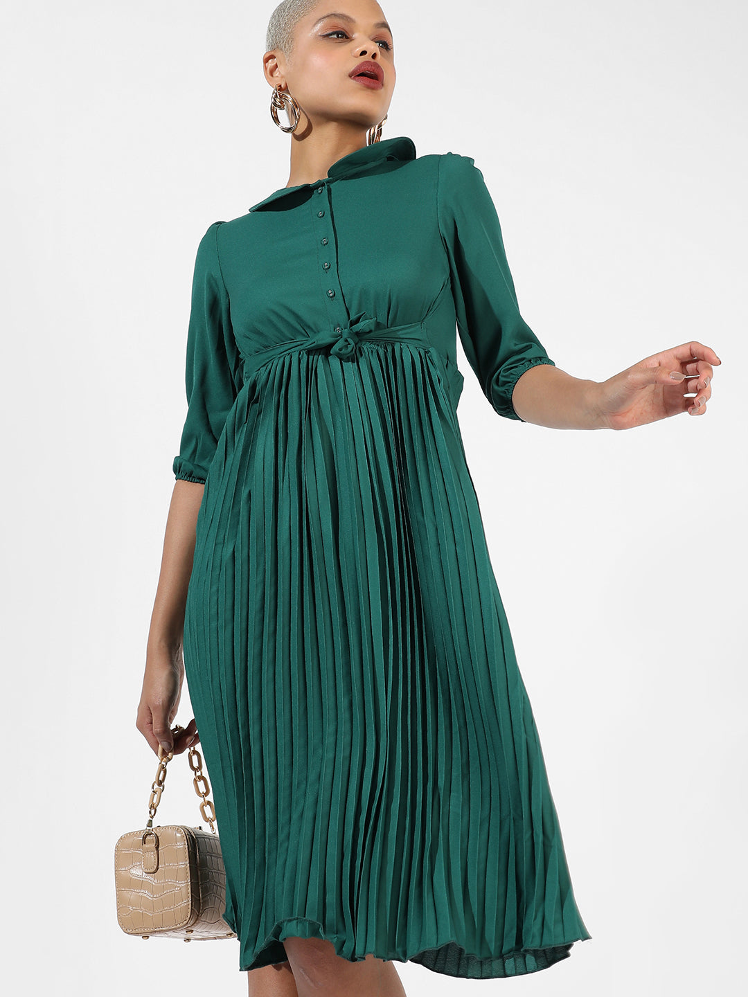 Women Green Pleated Tie-Up Dress