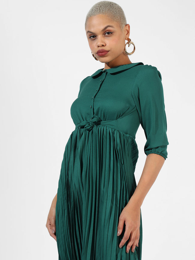 Women Green Pleated Tie-Up Dress
