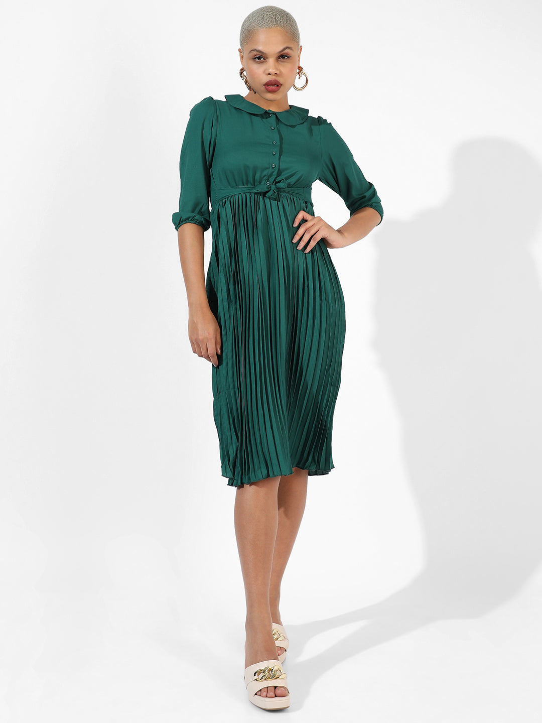Women Green Pleated Tie-Up Dress