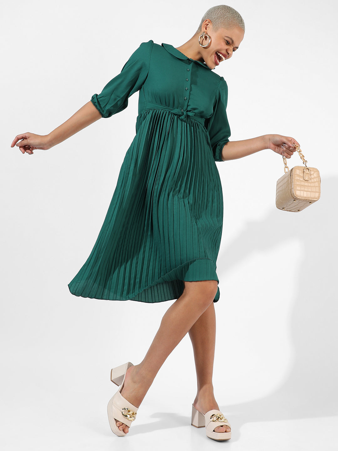 Women Green Pleated Tie-Up Dress