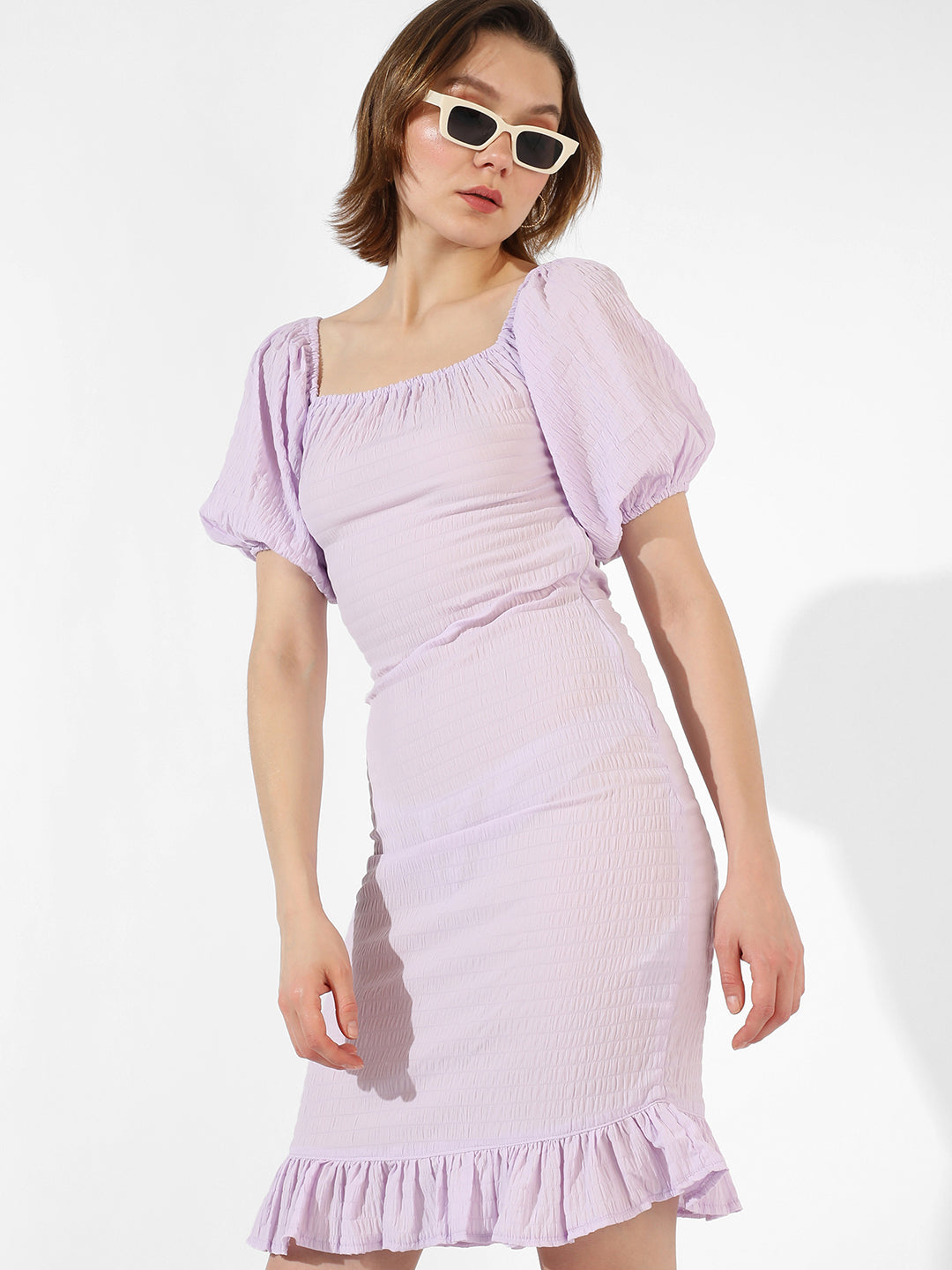 Women Purple Puff-Sleeved Creased Dress