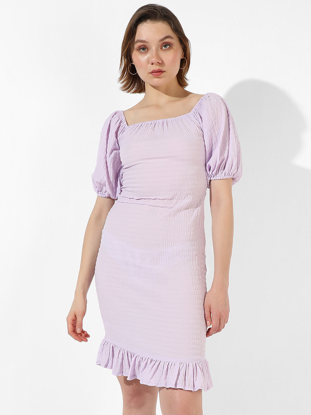 Women Purple Puff-Sleeved Creased Dress