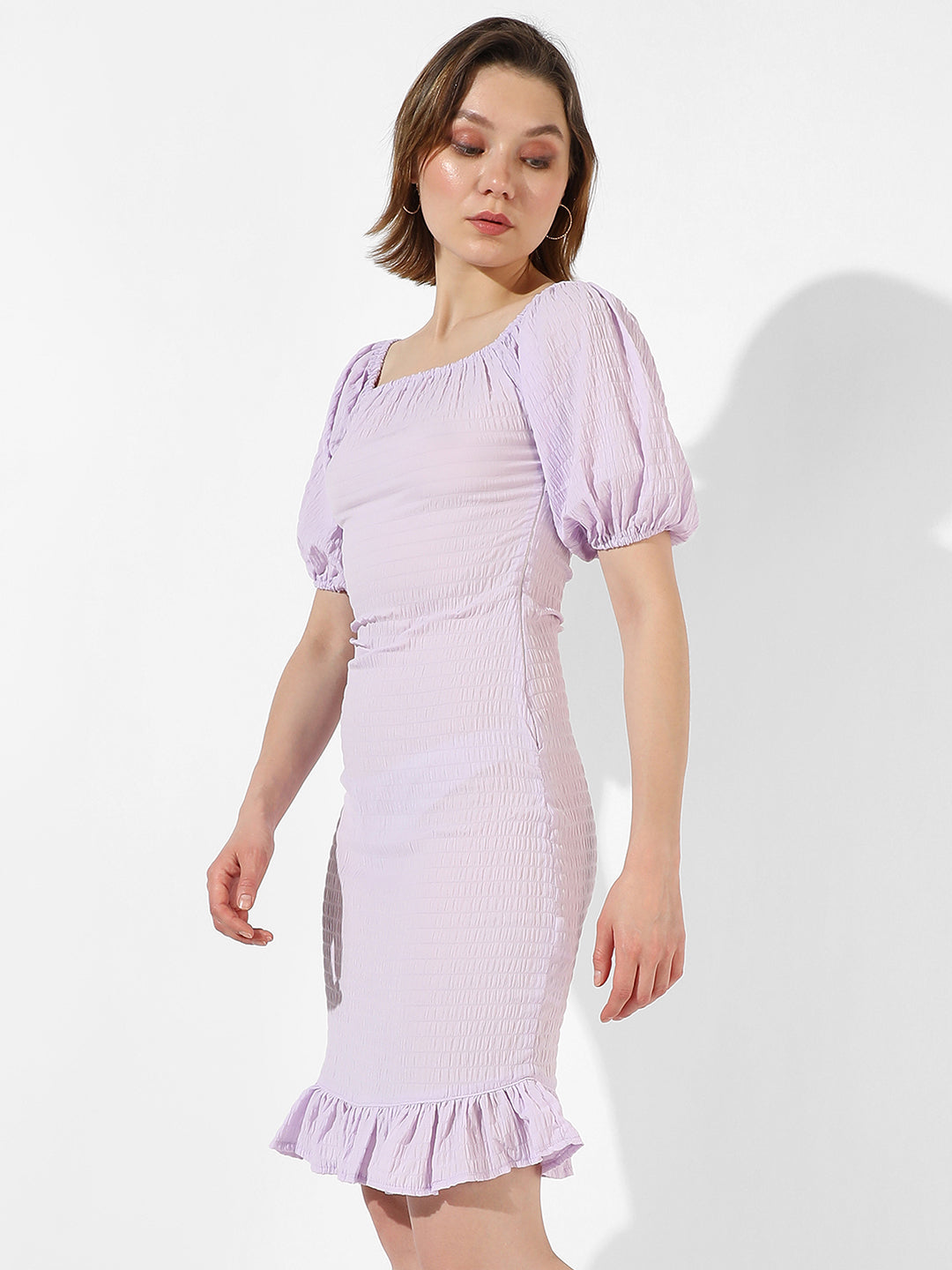 Women Purple Puff-Sleeved Creased Dress