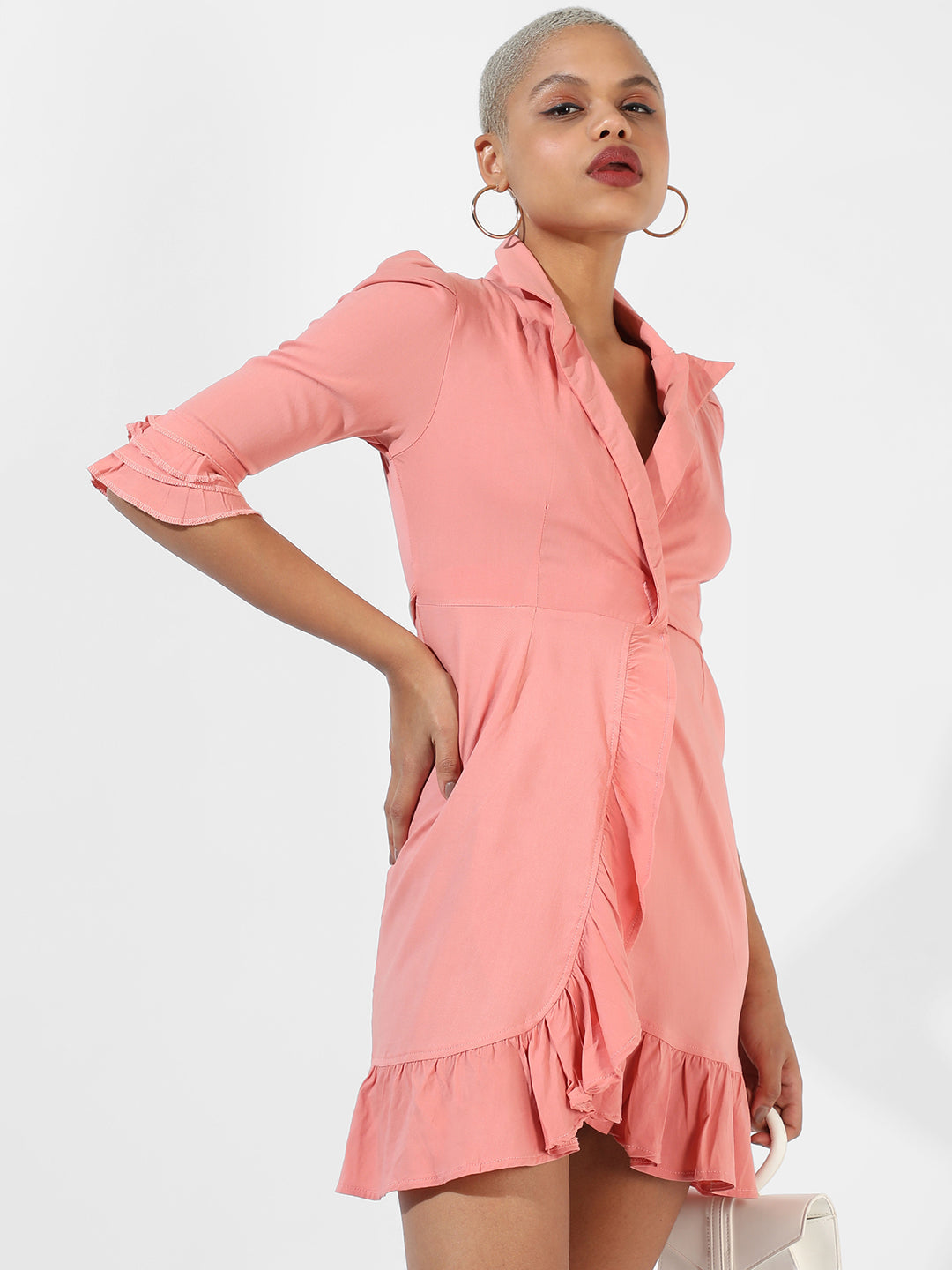 Women Pink Flared Mini Wrap Dress