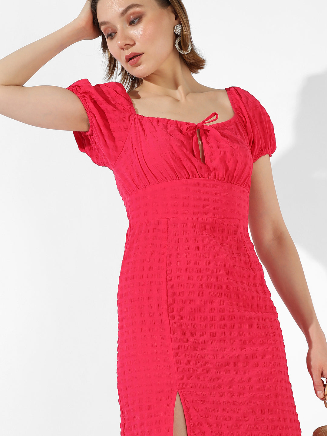 Women Red Solid Dress With Slit Detail