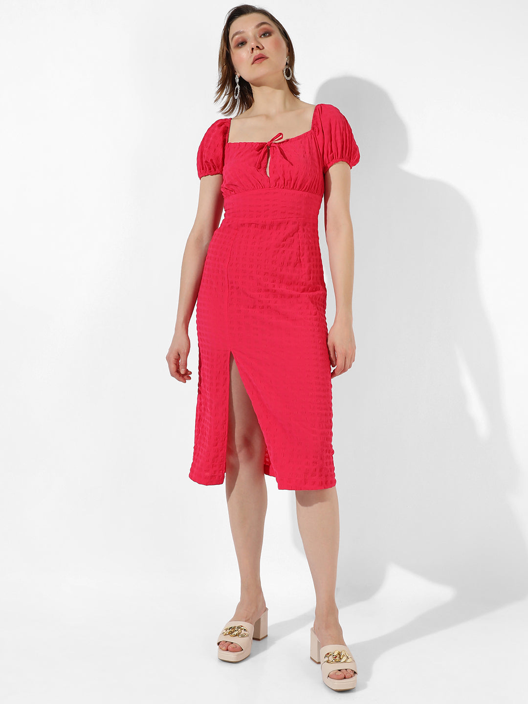 Women Red Solid Dress With Slit Detail