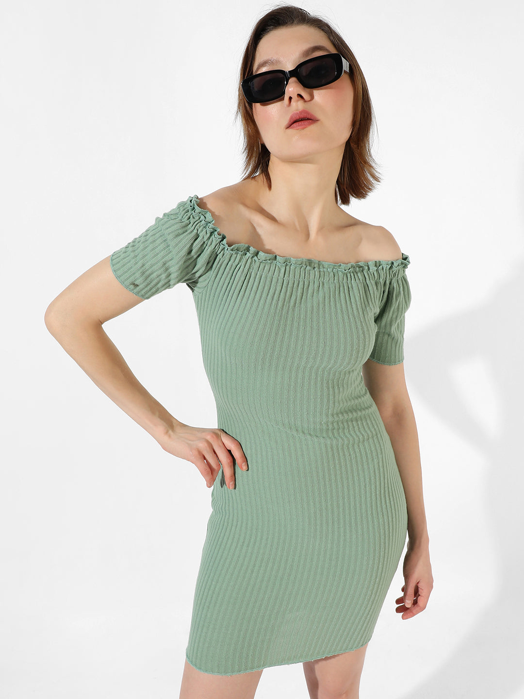 Women Green Ribbed Mini Dress