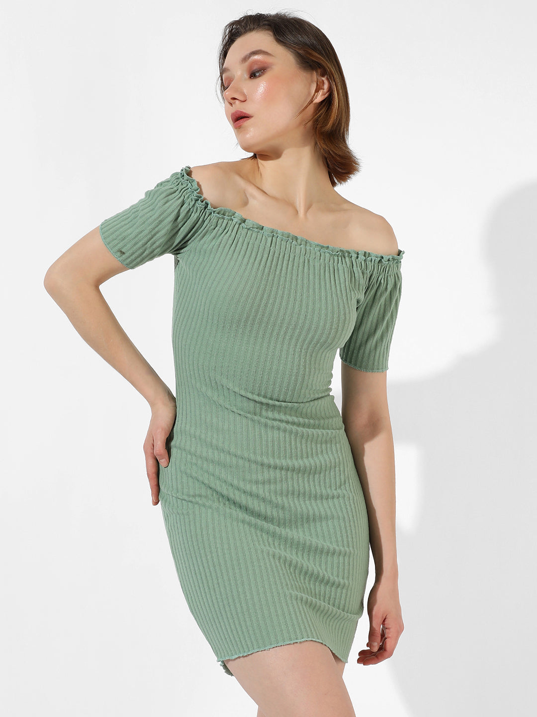 Women Green Ribbed Mini Dress