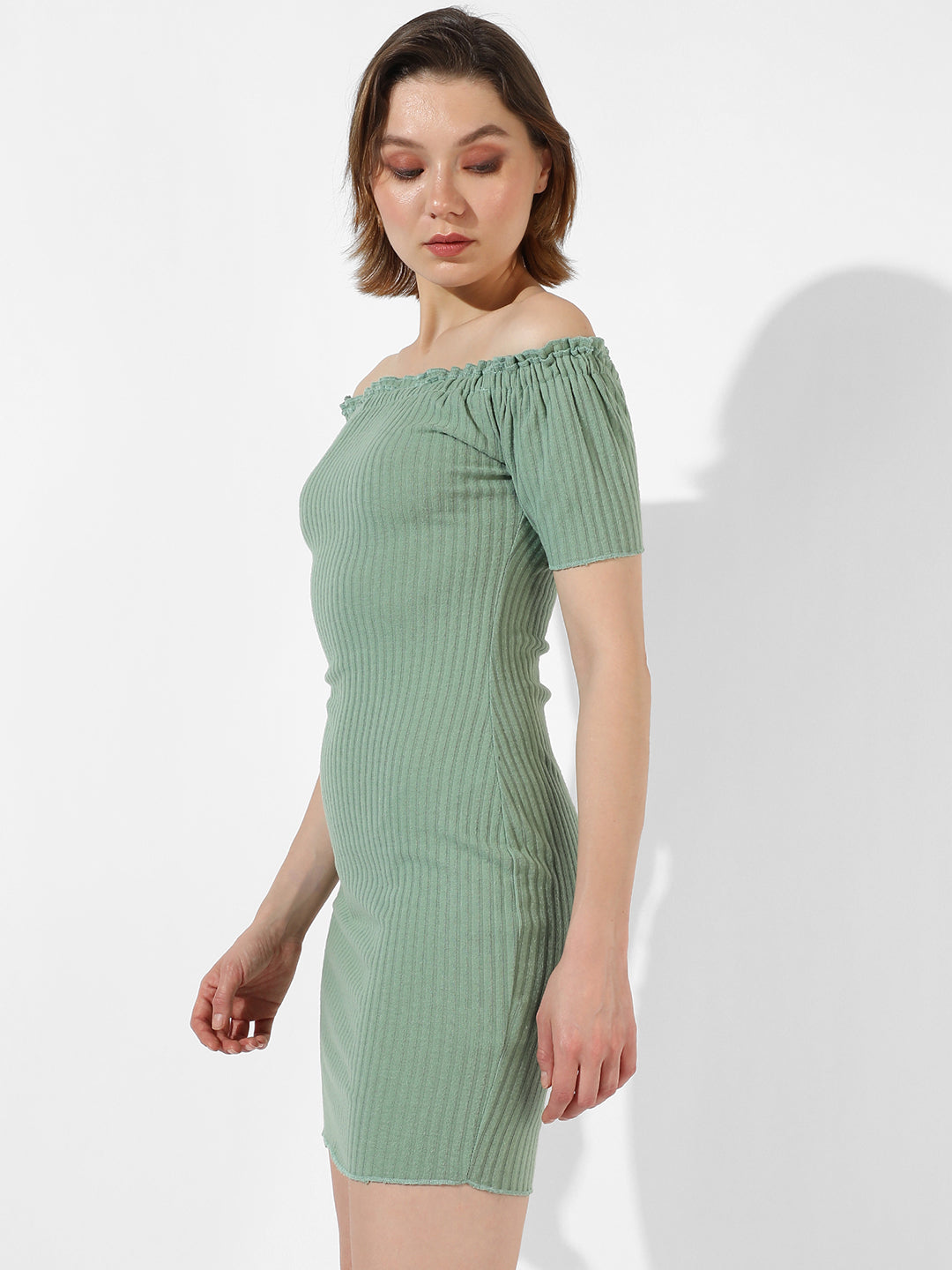 Women Green Ribbed Mini Dress
