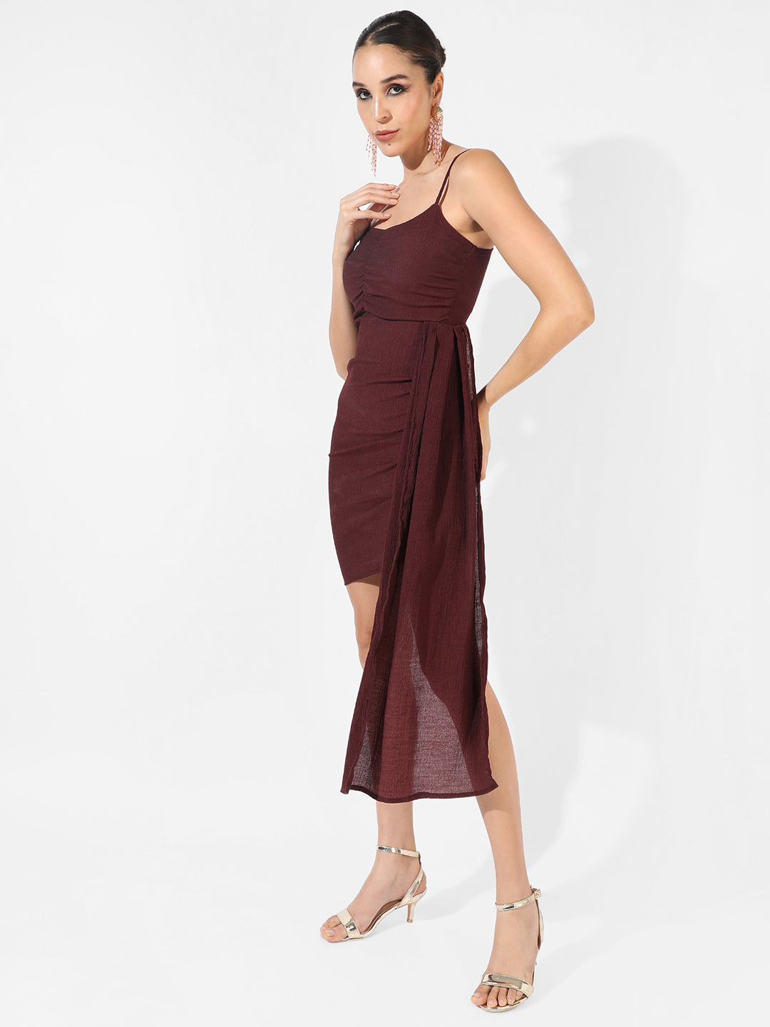 Women Brown Solid Ruched Dress With Trail