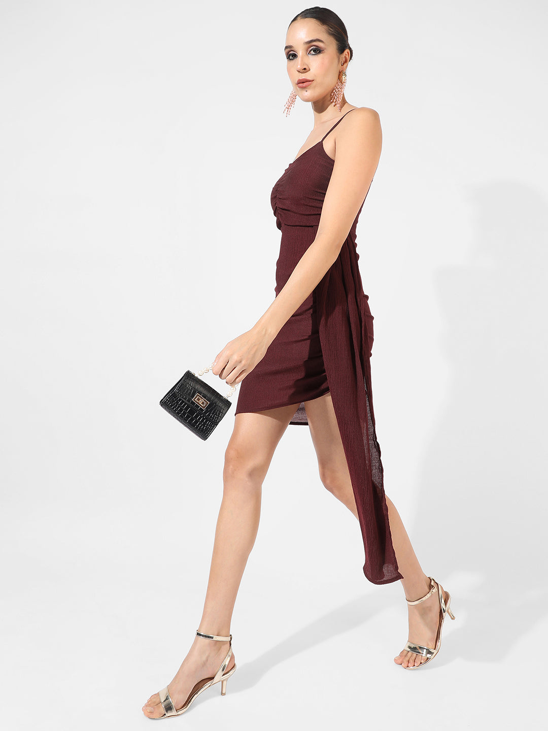 Women Brown Solid Ruched Dress With Trail