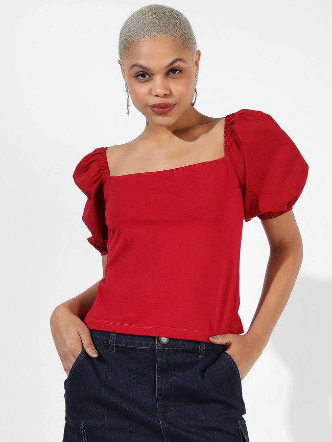 Women Red Solid Regular Fit Top