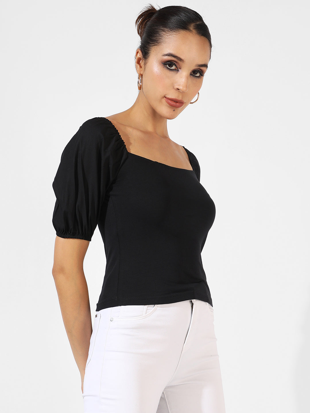 Women Black Puff-Sleeved Top