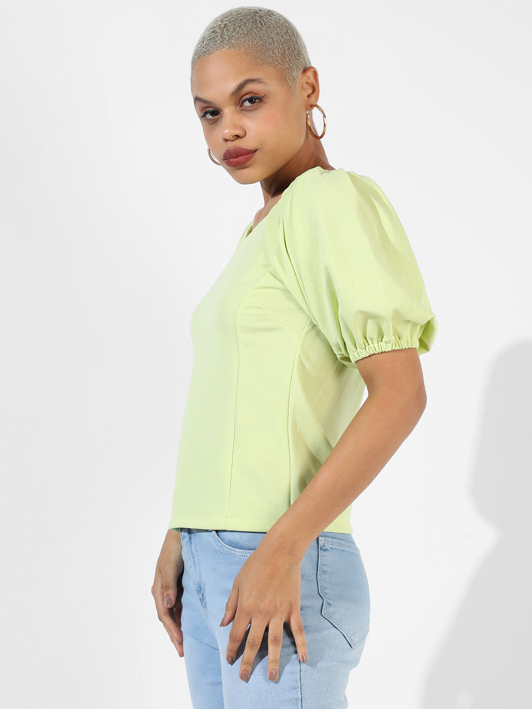 Women Green Solid Regular Fit Top