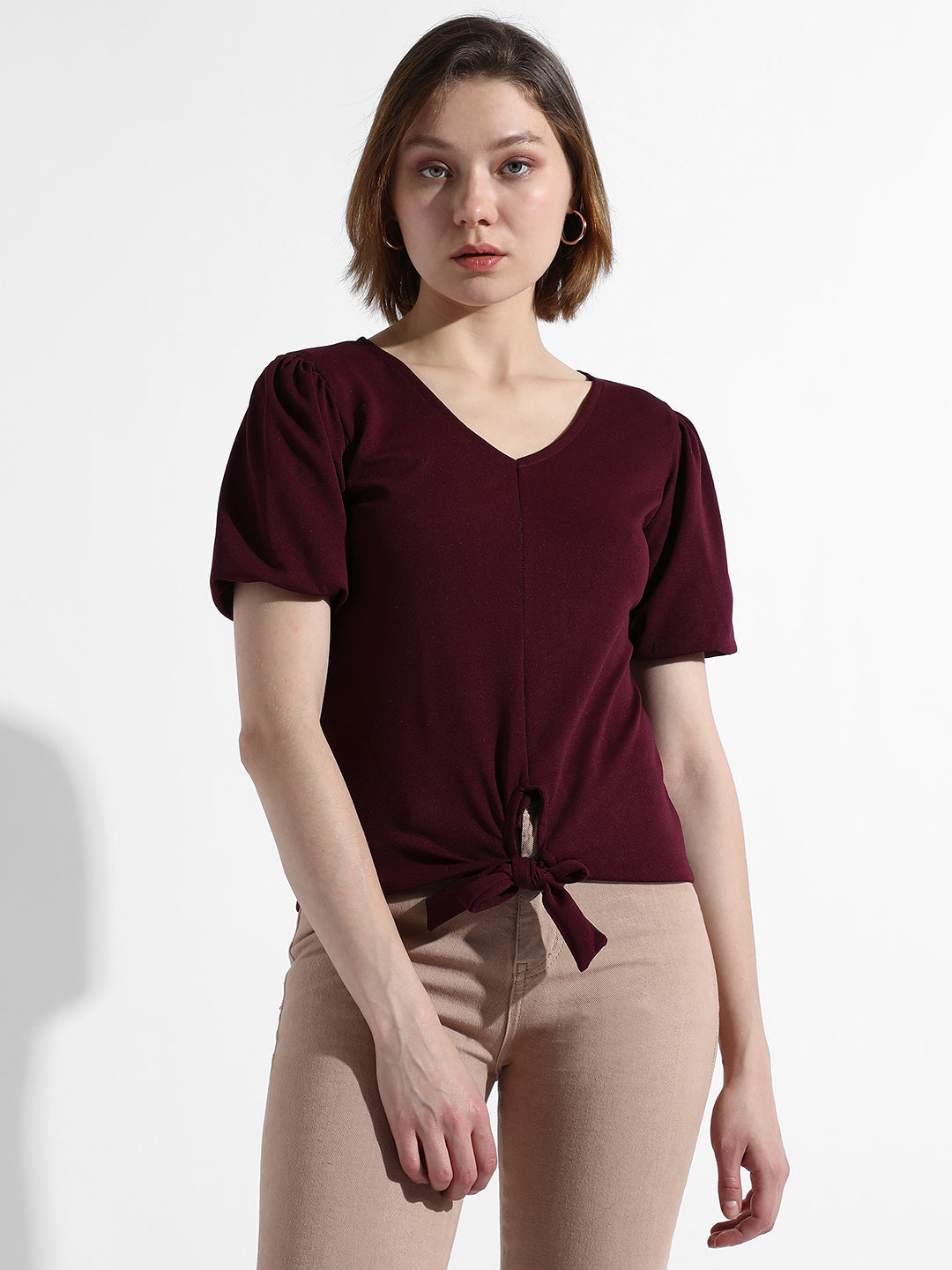 Women Maroon Solid Regular Fit Top