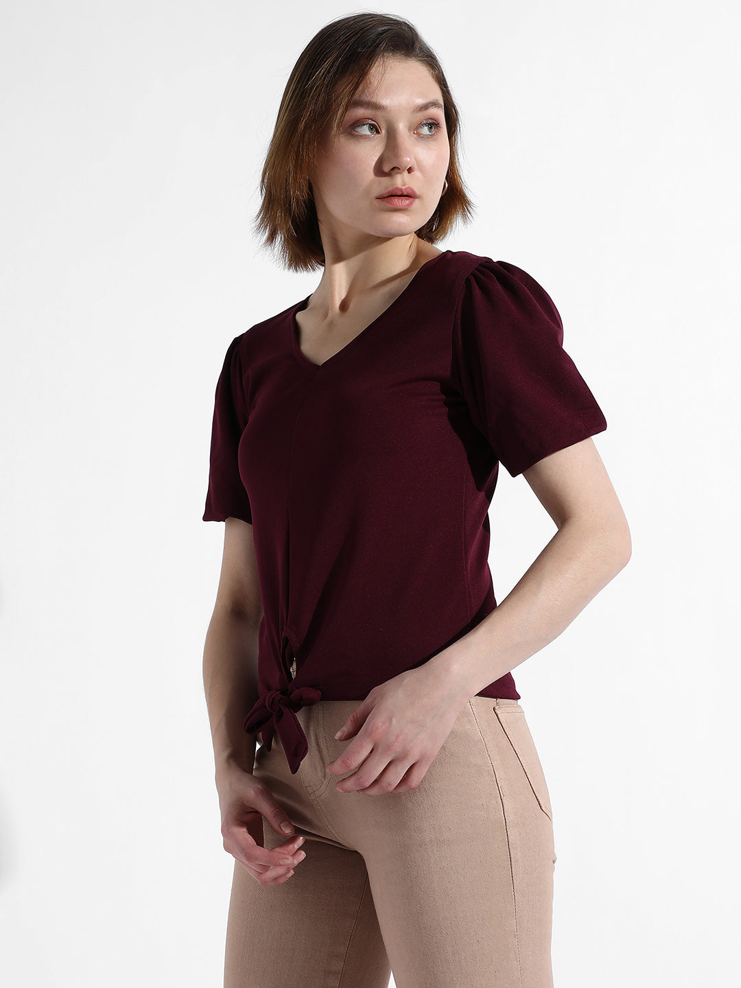 Women Maroon Solid Regular Fit Top