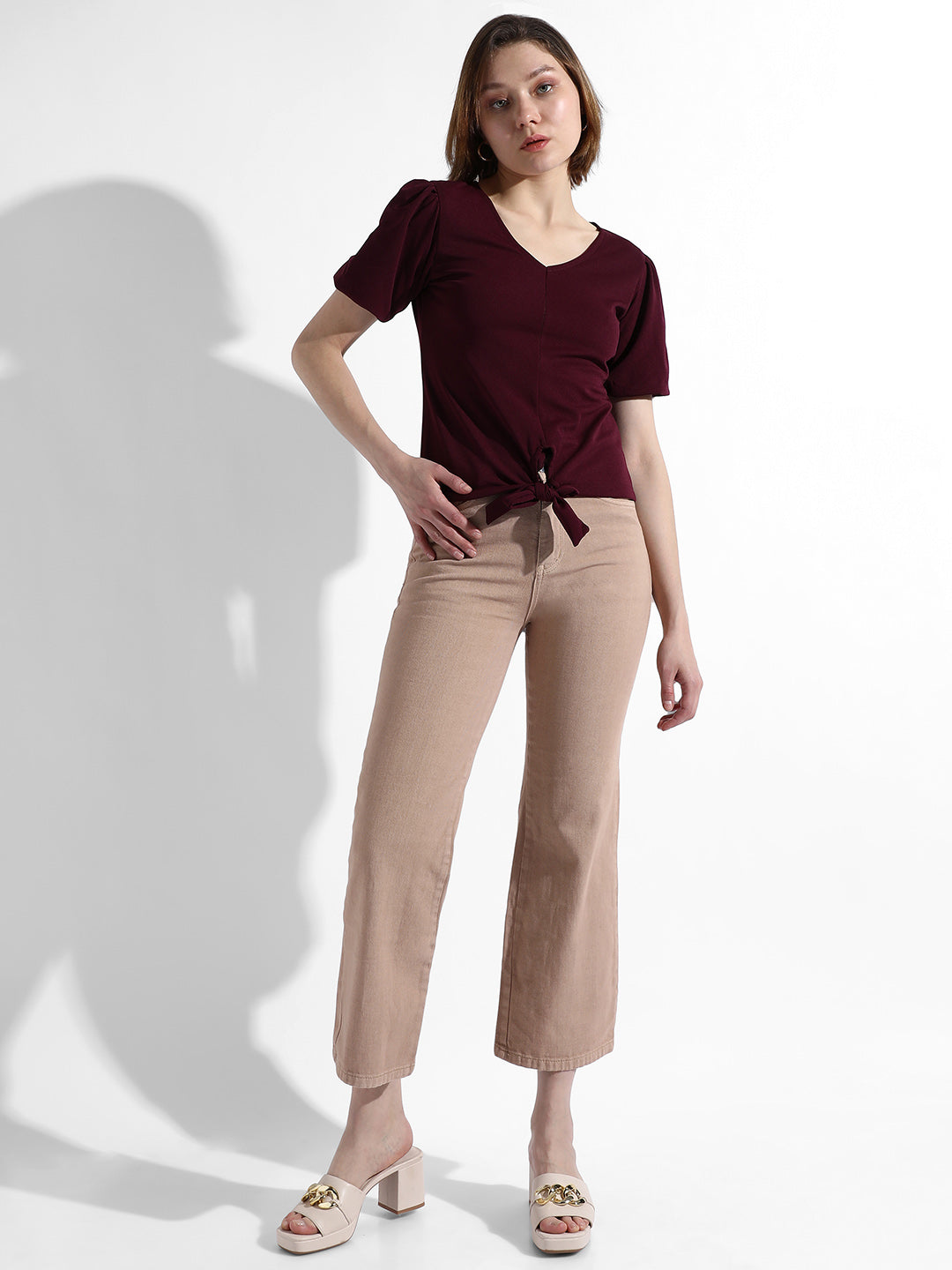 Women Maroon Solid Regular Fit Top