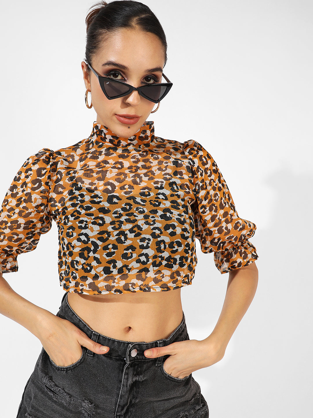 Women Yellow Leopard Crop Top