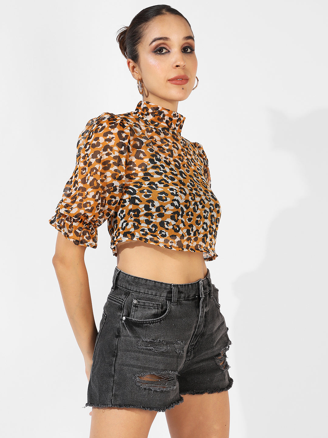 Women Yellow Leopard Crop Top
