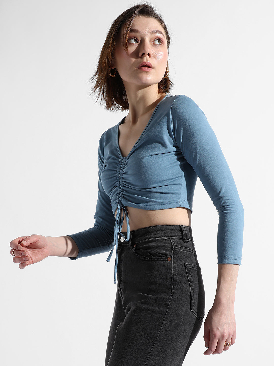 Women Blue Ruched Crop Top