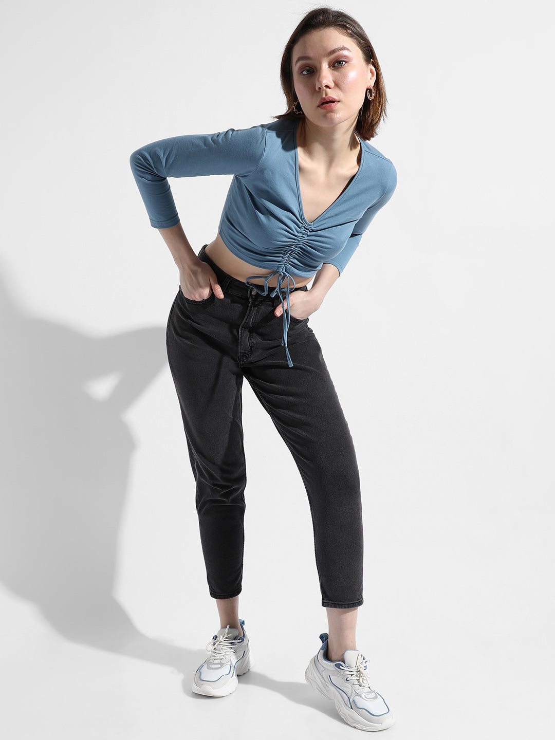 Women Blue Ruched Crop Top