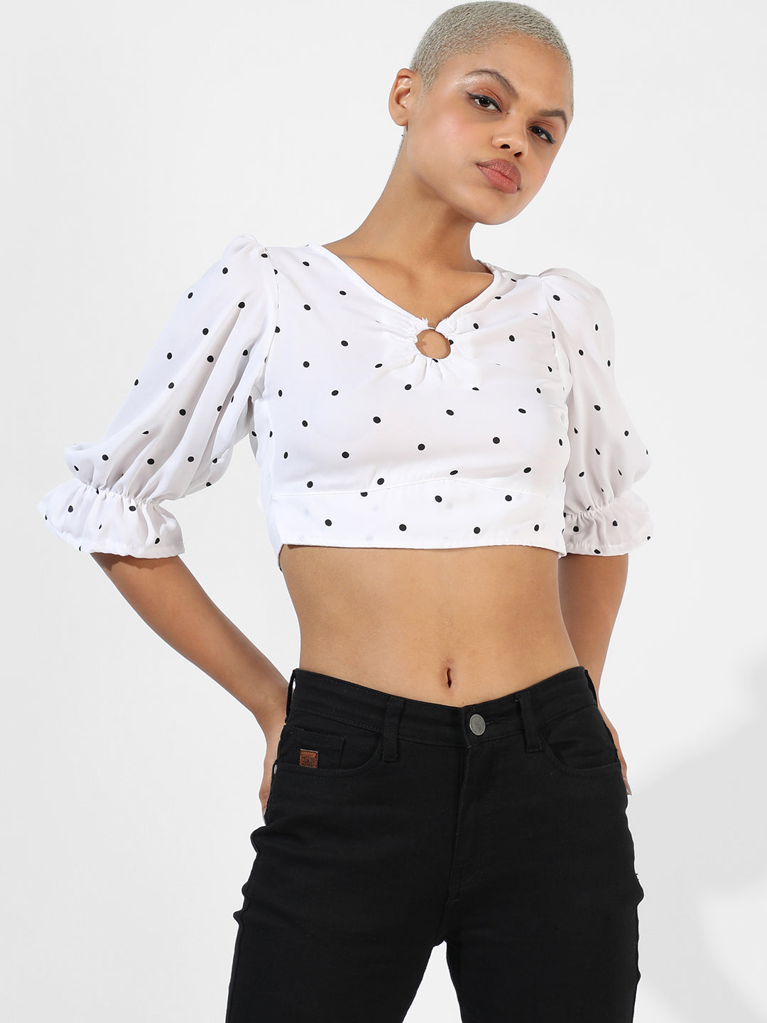 Women White Polka Dot Crop Top