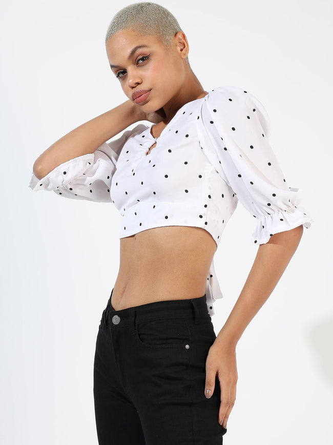 Women White Polka Dot Crop Top