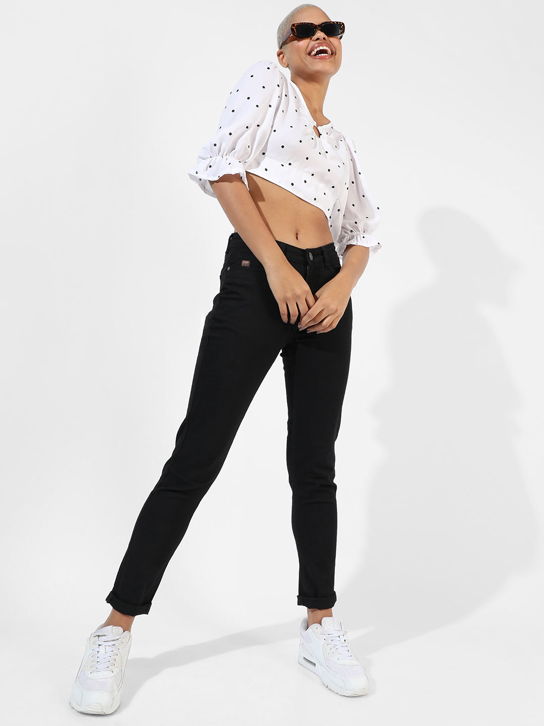 Women White Polka Dot Crop Top