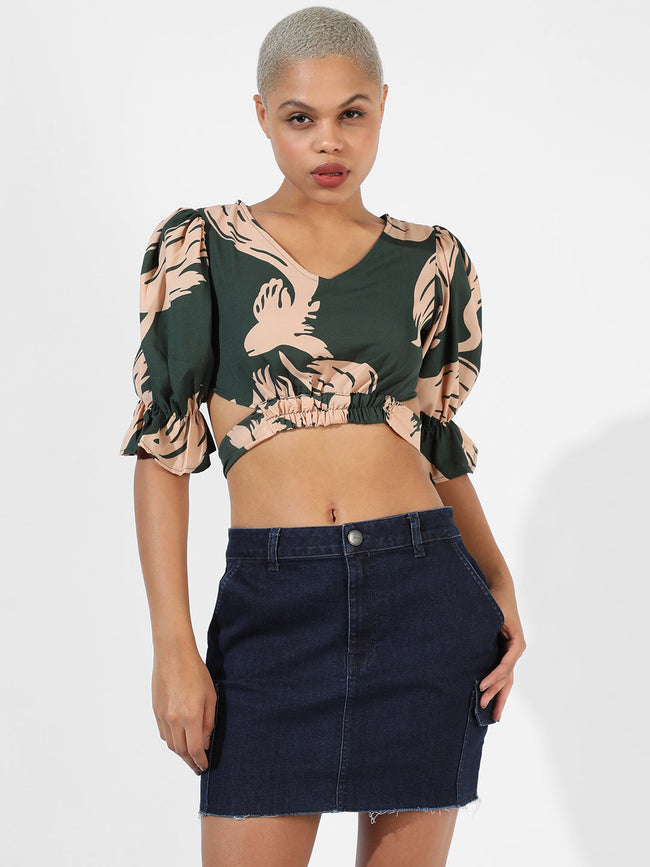 Women Green Tie-Up Crop Top